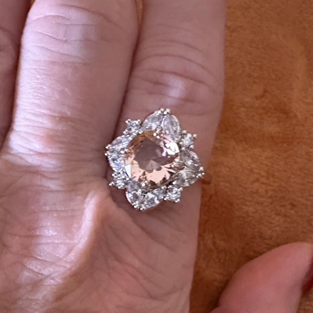 Lab Created Peach Quartz Gemstone rhodium plated Ring